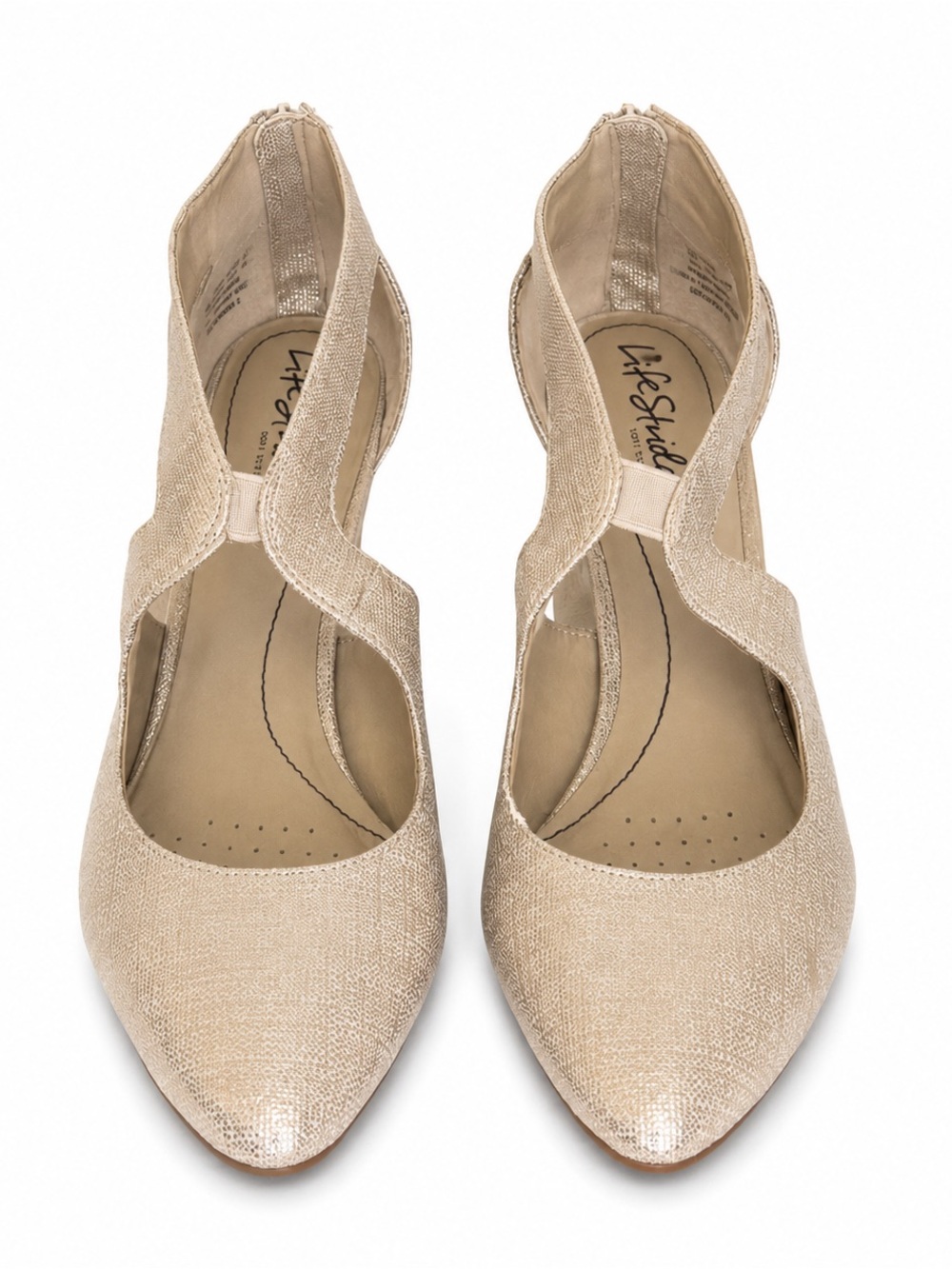 Life Stride Womens Shimmery Champagne Cross-Strap Heels